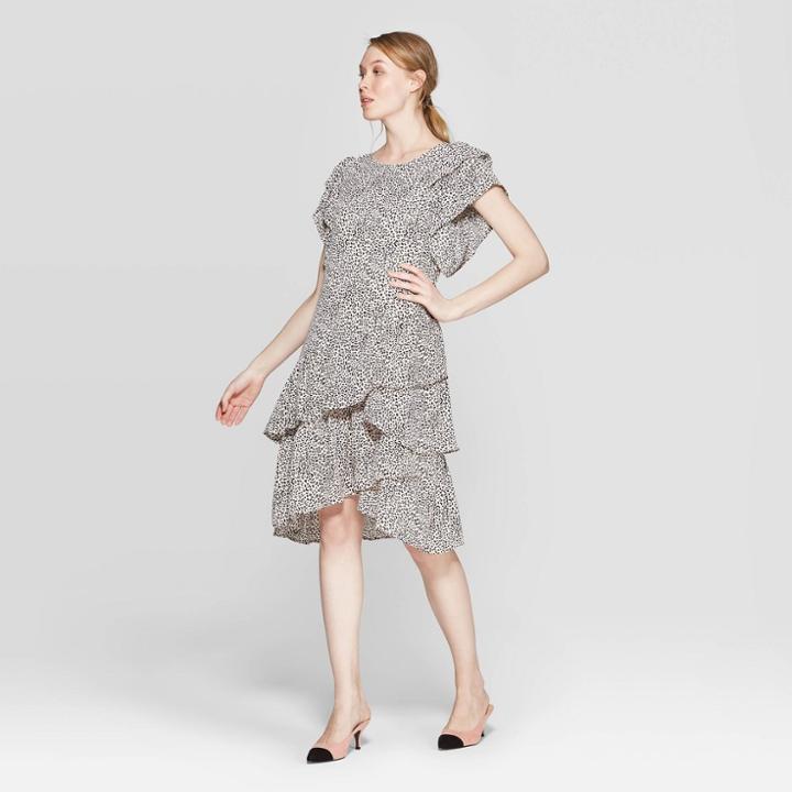 Women's Leopard Print Short Sleeve Scoop Neck Asymmetric A Line Dress - Who What Wear Pink