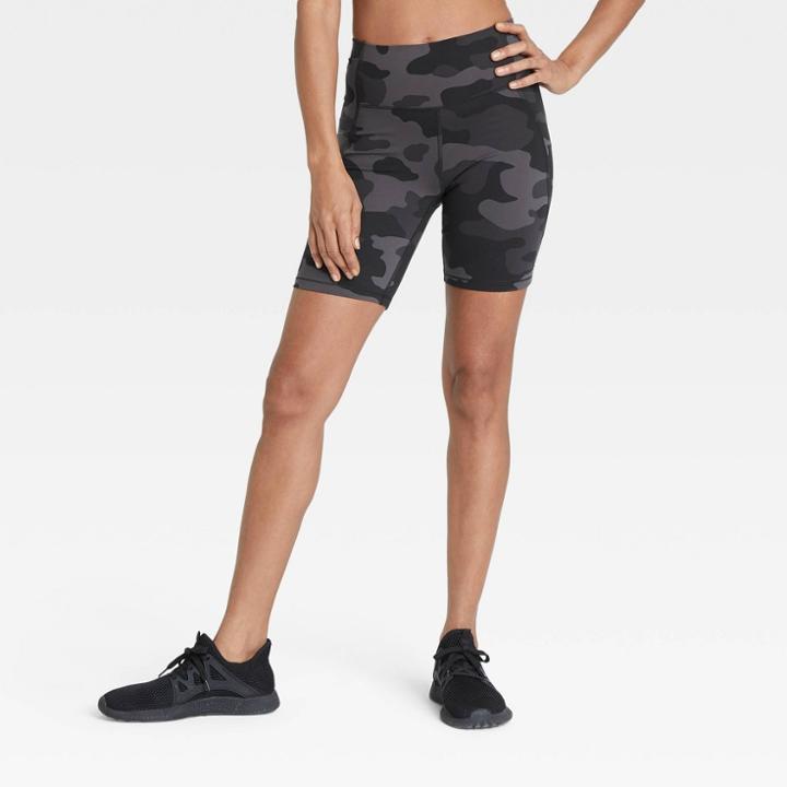 Women's Brushed Camo Print Sculpt Curvy Bike Shorts - All In Motion Charcoal Gray