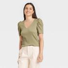 Women's Puff Short Sleeve V-neck Top - A New Day Olive Green