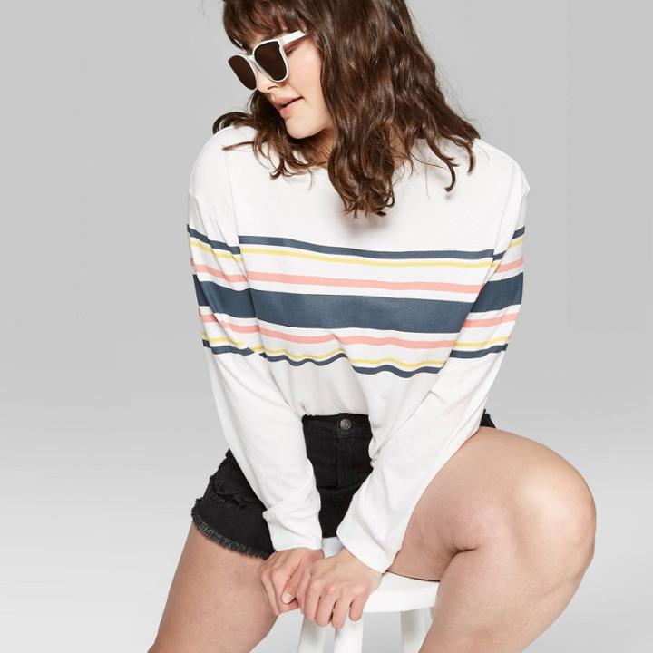 Women's Plus Size Striped Long Sleeve Crewneck Placed Skater T-shirt - Wild Fable Fresh White