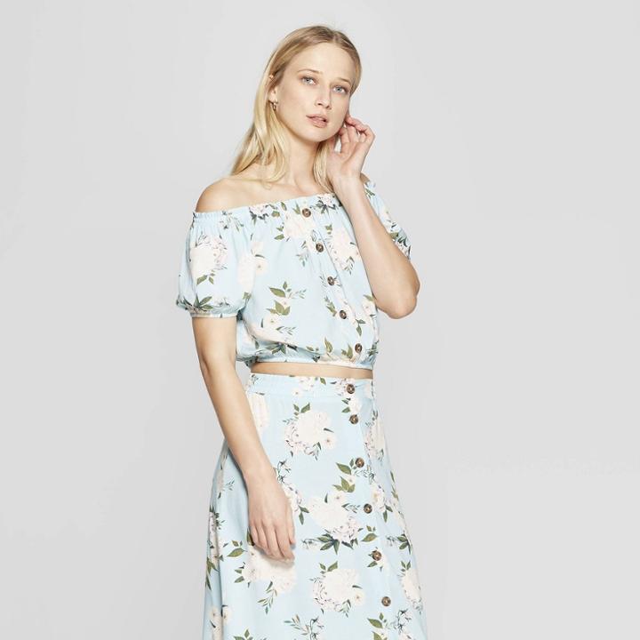 Women's Floral Print Short Sleeve Off The Shoulder Button Front Top - Xhilaration