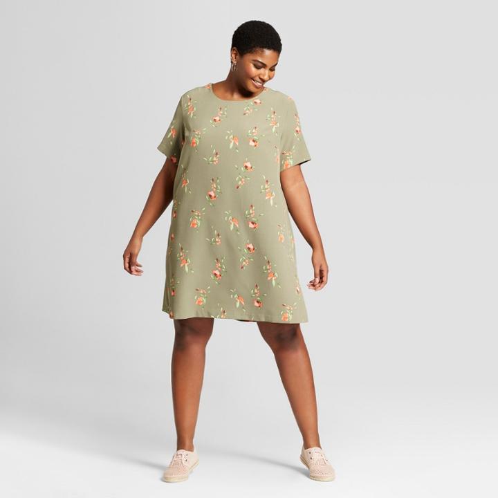 Women's Plus Size Floral Print T-shirt Shift Dress - Ava & Viv Olive X, Green