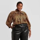 Women's Plus Size Leopard Print Ballon Long Sleeve Soft Bow Blouse - Who What Wear Brown
