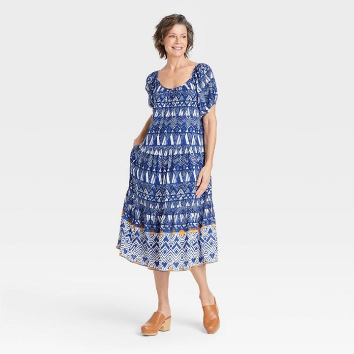 Women's Puff Short Sleeve Tiered A-line Dress - Knox Rose Blue Paisley
