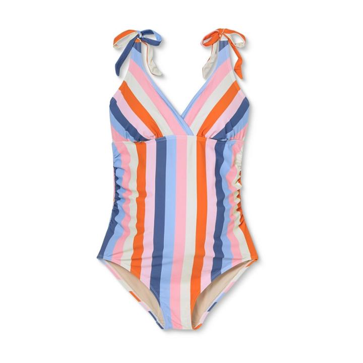 V-neck With Tie-strap One Piece Maternity Swimsuit - Isabel Maternity By Ingrid & Isabel Striped