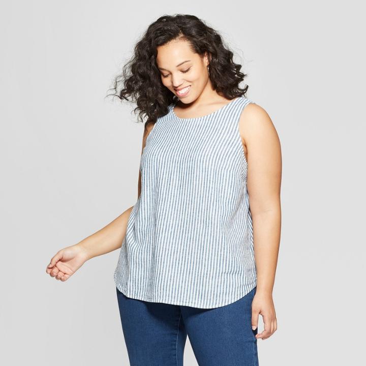 Women's Plus Size Striped Sleeveless Crew Neck Button Back Tank Top - Universal Thread Blue