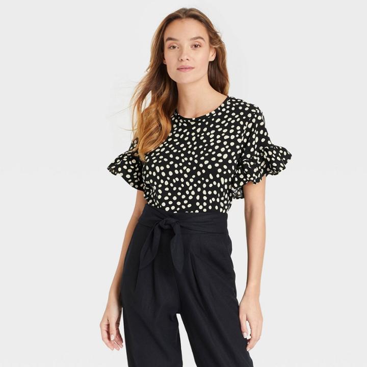 Women's Ruffle Short Sleeve Blouse - Who What Wear Black Polka Dots