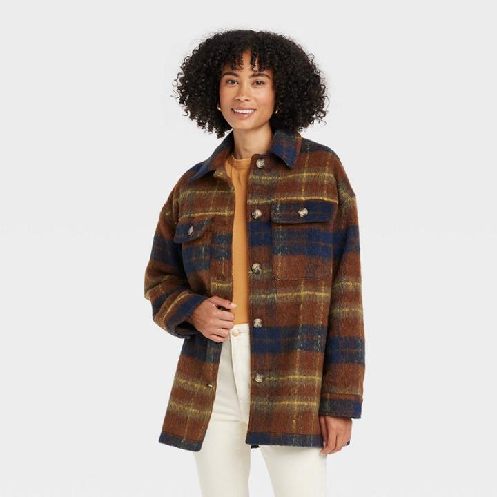 Women's Brushed Shirt Jacket - Universal Thread Navy Blue Plaid