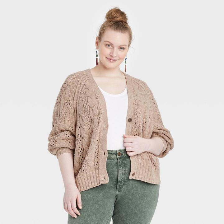 Women's Plus Size Button-front Cable Stitch Cardigan - Universal Thread Taupe