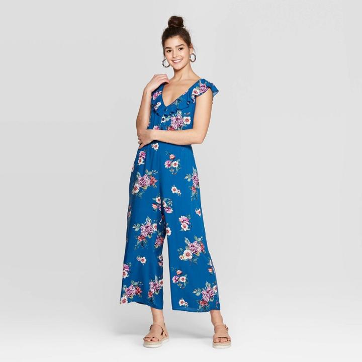 Women's Floral Print Flutter Sleeve V-neck Button Front Jumpsuit - Xhilaration Royal Blue
