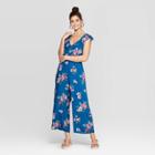Women's Floral Print Flutter Sleeve V-neck Button Front Jumpsuit - Xhilaration Royal Blue