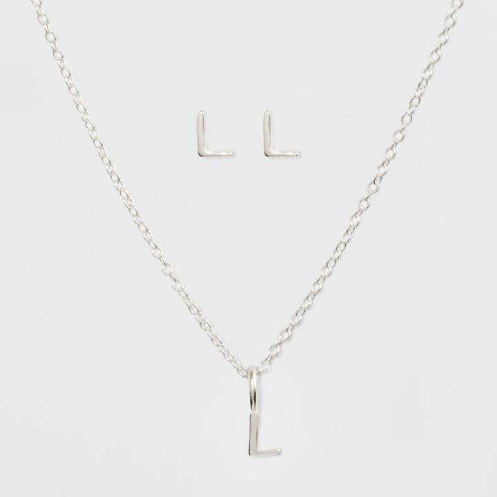 Sterling Silver Initial L Earrings And Necklace Set - A New Day Silver, Girl's, Size: Large,