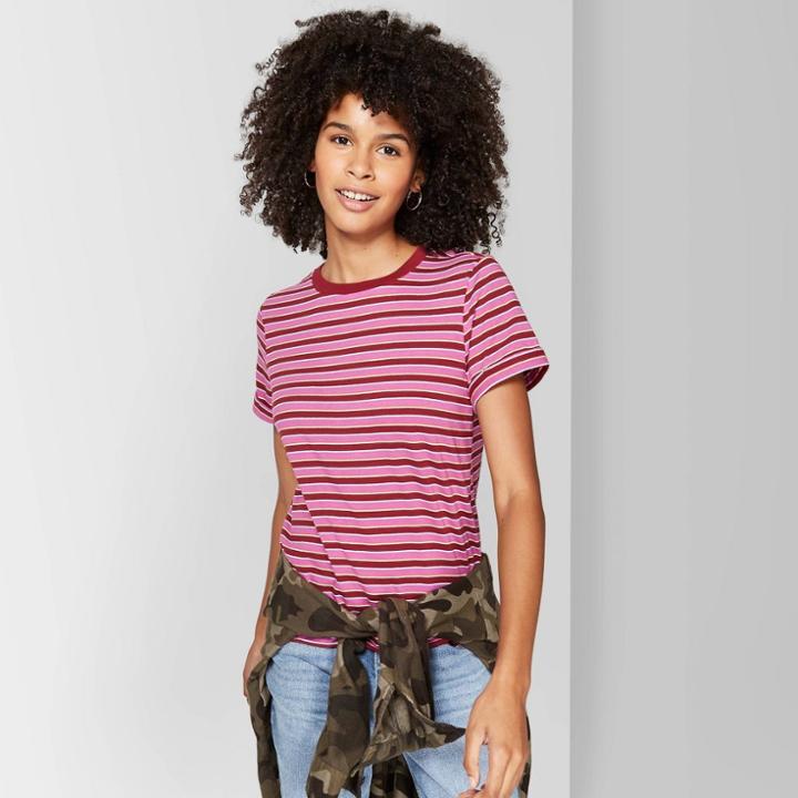 Petitewomen's Striped Short Sleeve Relaxed Crewneck T-shirt - Wild Fable Maroon/pink Xl, Women's, Red