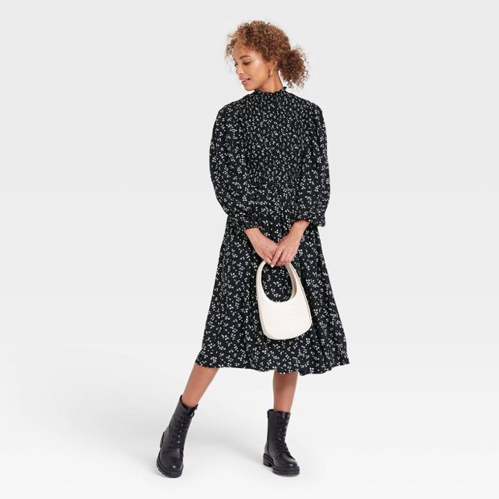 Women's Long Sleeve Smocked Bodice Dress - A New Day Black Dot Print
