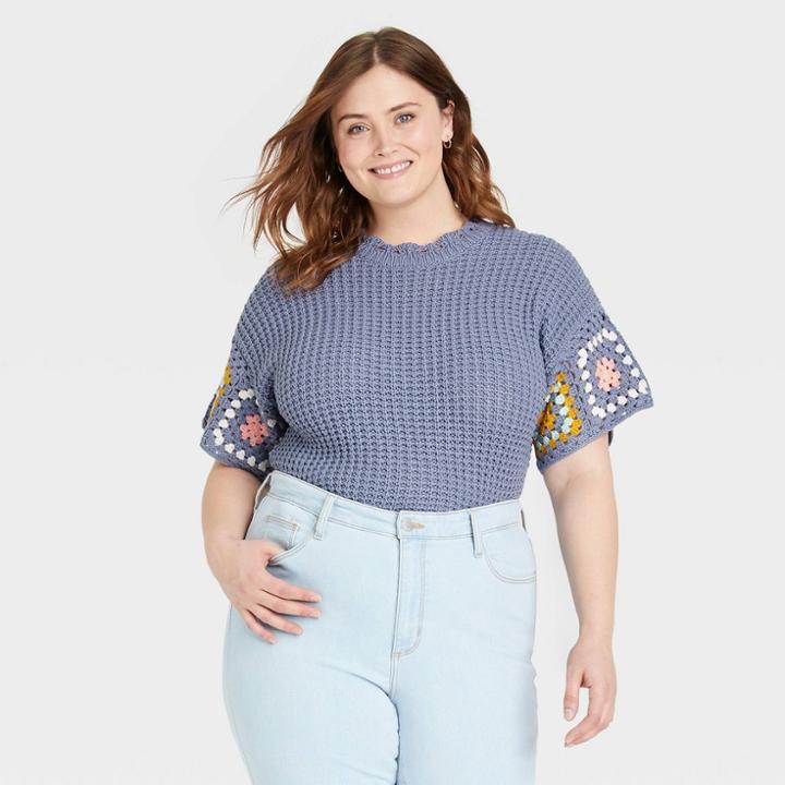 Women's Plus Size Short Sleeve Crewneck Crochet Pullover Sweater - Universal Thread Purple