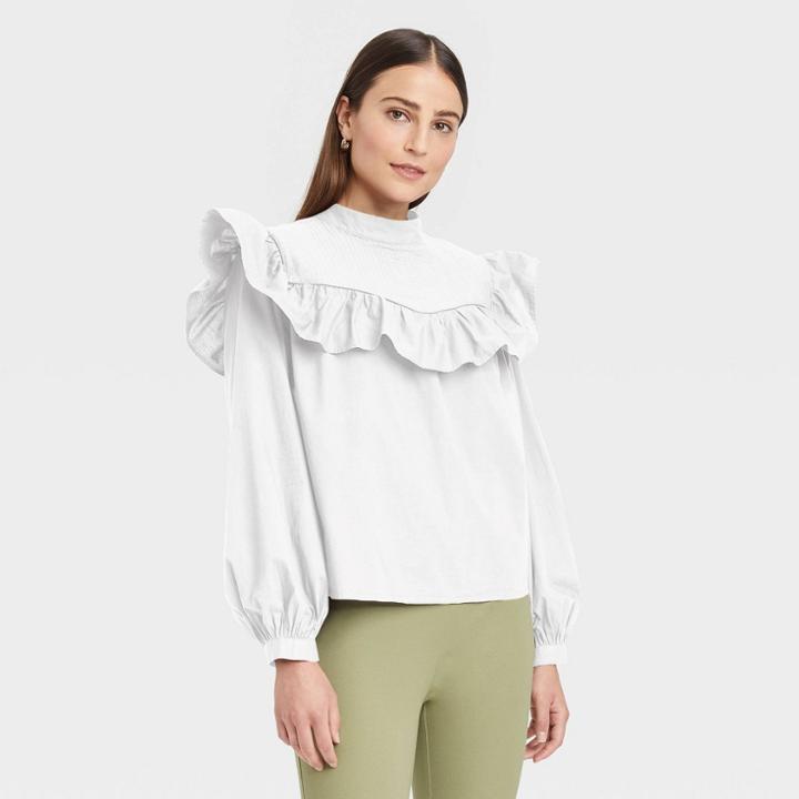 Women's Long Sleeve Ruffle Yoke Top - A New Day White