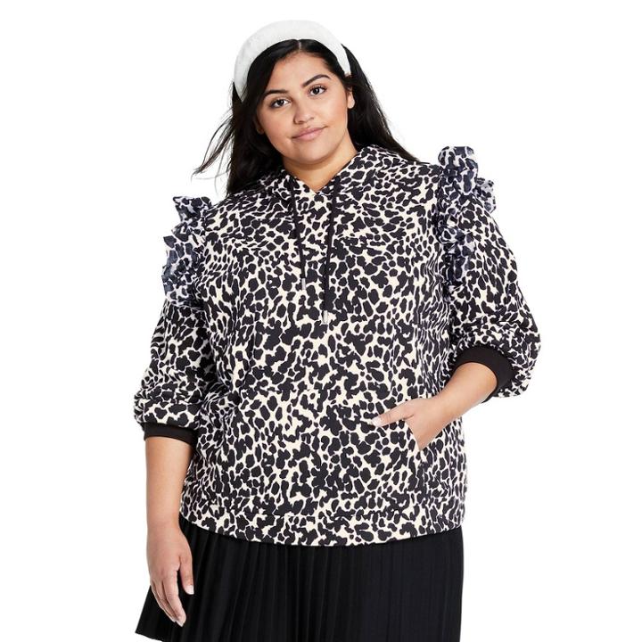 Women's Plus Size Leopard Print Ruffle Hooded Sweatshirt - Sandy Liang X Target Black