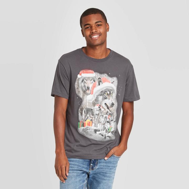 Mad Engine Men's Wolves Wearing Santa Hats Ugly Christmas Short Sleeve Graphic T-shirt - Charcoal Gray