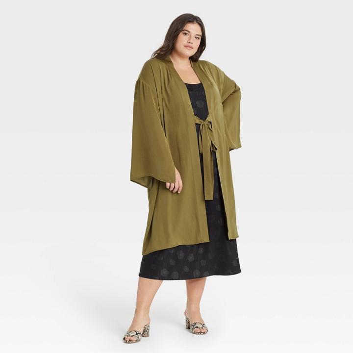 Women's Plus Size Kimono - A New Day Olive One Size, Green