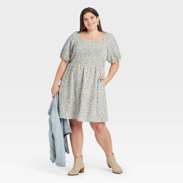 Women's Plus Size Floral Print Puff Short Sleeve Smocked Dress - Universal Thread Blue
