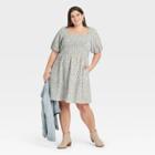 Women's Plus Size Floral Print Puff Short Sleeve Smocked Dress - Universal Thread Blue