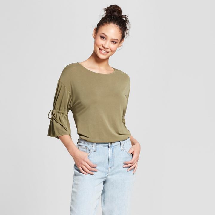 Women's 3/4 Shirred Sleeve T-shirt - Mossimo Olive