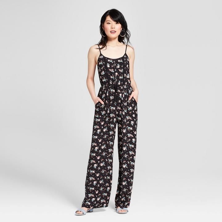 Women's Floral Strappy Jumpsuit W/ Lace Trim - Xhilaration Black/pink Floral