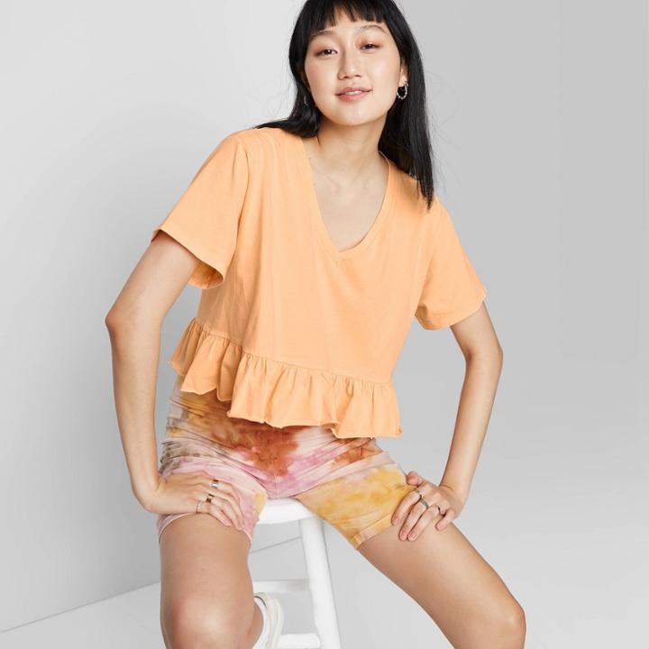 Women's Short Sleeve V-neck Peplum Cropped T-shirt - Wild Fable Blush Peach