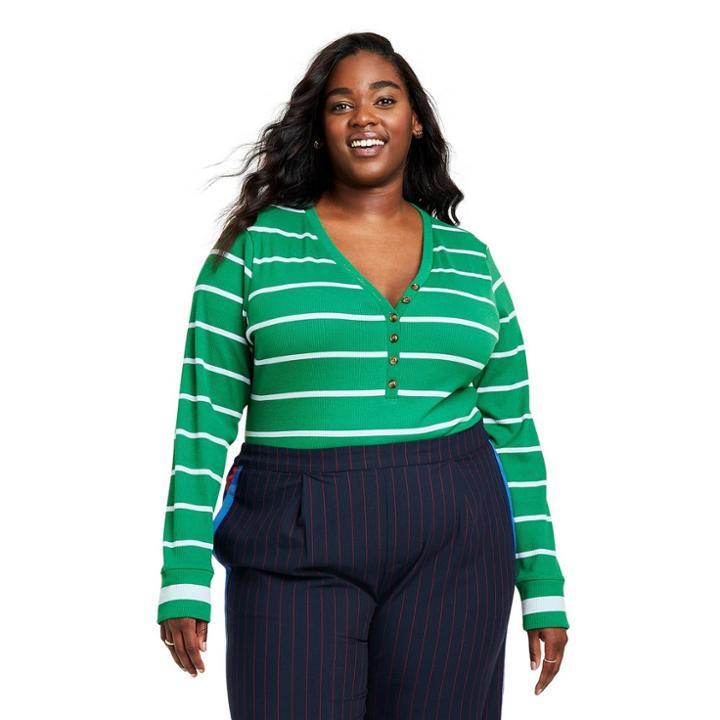 Women's Plus Size Striped V-neck Bodysuit - La Ligne X Target Green/light Blue