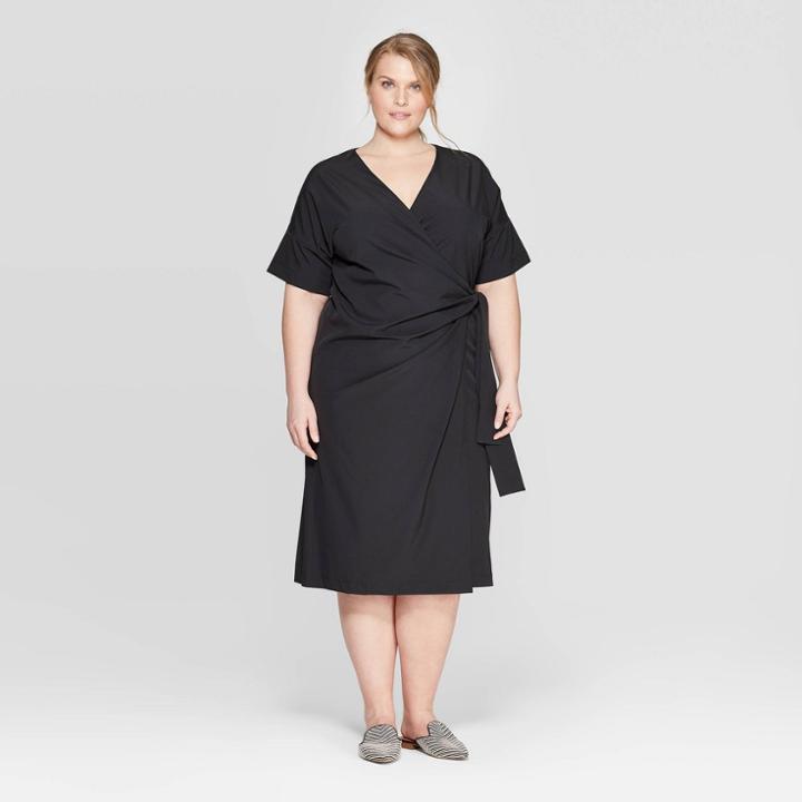 Women's Plus Size Short Sleeve V-neck Wrap Midi Dress - Prologue Black