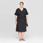 Women's Plus Size Short Sleeve V-neck Wrap Midi Dress - Prologue Black