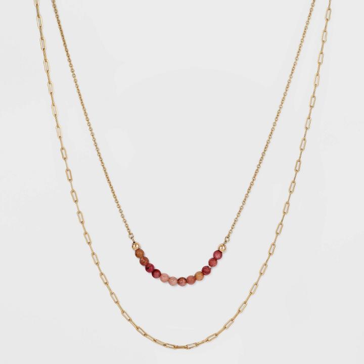 Gold Plated Rhodochrosite Faux Duo Chain Necklace - A New Day Pink