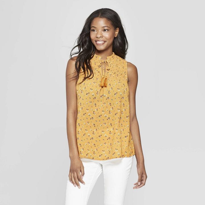Women's Floral Print Turtleneck Smocked Tank Top With Tassels - Xhilaration Gold