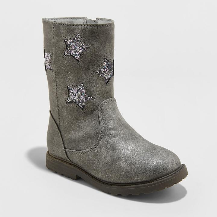 Toddler Girls' Reina Ruffle Boot With Glitter Stars - Cat & Jack Pewter