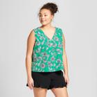 Women's Plus Size Floral Print Sleeveless Blouse - A New Day Green