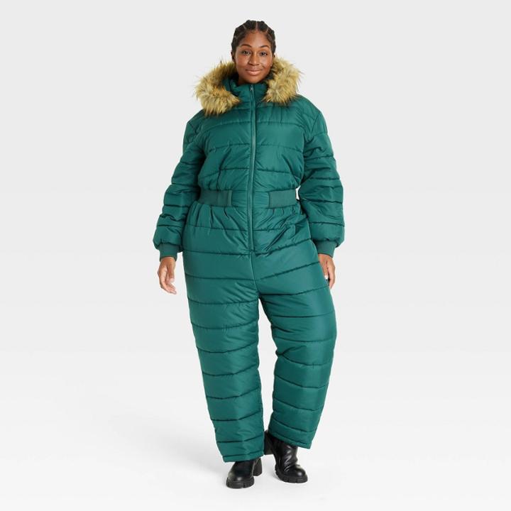 Women's Plus Size Puffer Snowsuit - Ava & Viv Teal Green