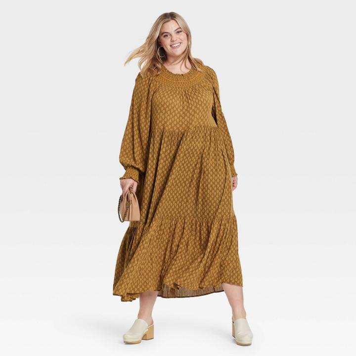 Women's Plus Size Balloon Long Sleeve Tiered Dress - Universal Thread Brown Floral