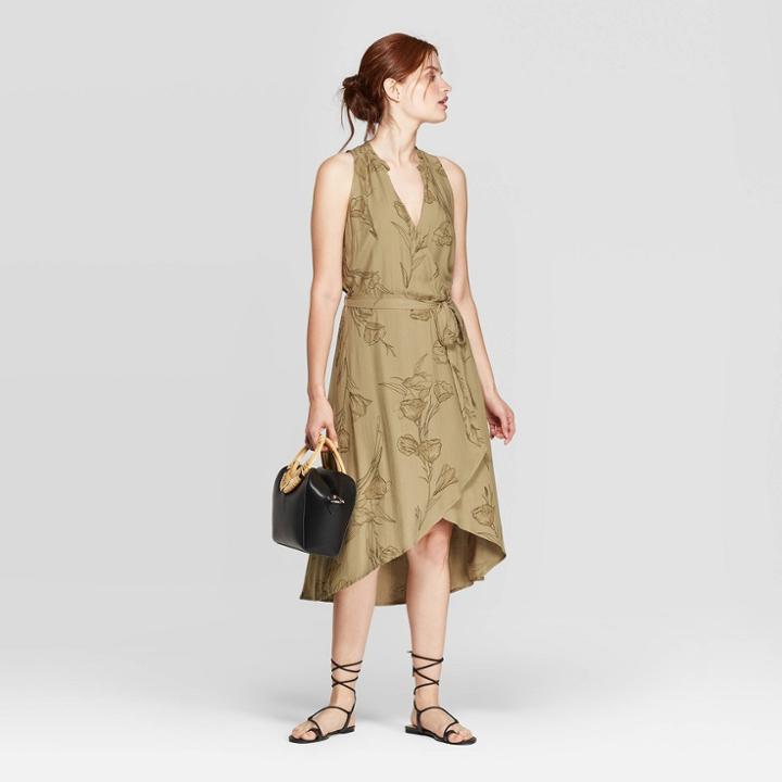 Women's Floral Print Regular Fit Sleeveless Deep V-neck Wrap Midi Dress - A New Day Olive