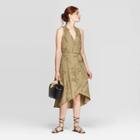 Women's Floral Print Regular Fit Sleeveless Deep V-neck Wrap Midi Dress - A New Day Olive