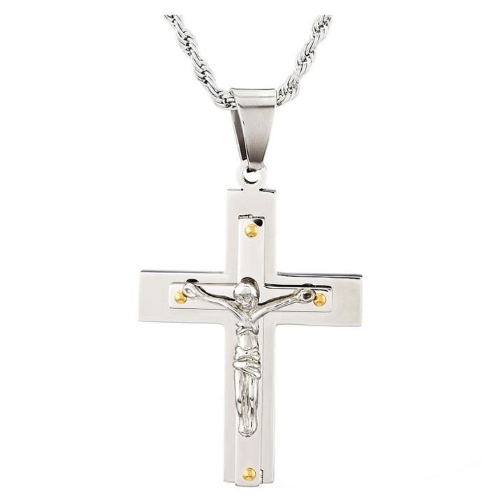 West Coast Jewelry Men's Stainless Steel Gold Accent Layered Crucifix Cross Pendant Necklace - Silver (24), Gold