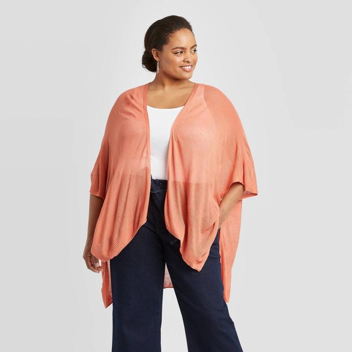 Women's Plus Size Weight Open Knit Ruana - A New Day Pink One Size, Women's, Orange