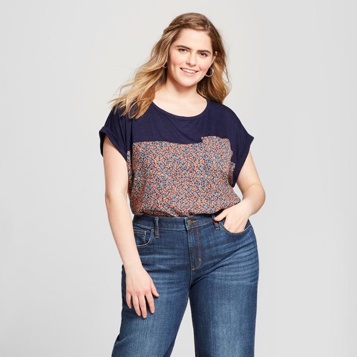 Women's Plus Size Floral Print Crew Neck T - Shirt - Xhilaration Navy