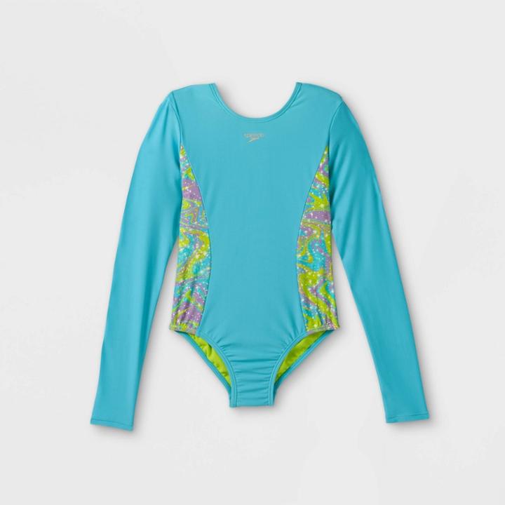 Speedo Girls' Groovy Swirl Print Long Sleeve One Piece Rash Guard - Blue
