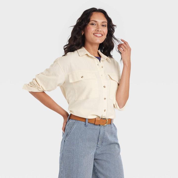 Women's Long Sleeve Oversized Utility Button-down Shirt - Universal Thread Cream