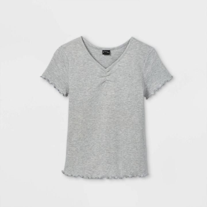 Girls' Cinch Front Lettuce Edge Short Sleeve T-shirt - Art Class Gray