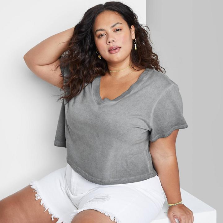 Women's Plus Size Short Sleeve Boxy Cropped V-neck T-shirt - Wild Fable Gray