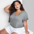Women's Plus Size Short Sleeve Boxy Cropped V-neck T-shirt - Wild Fable Gray