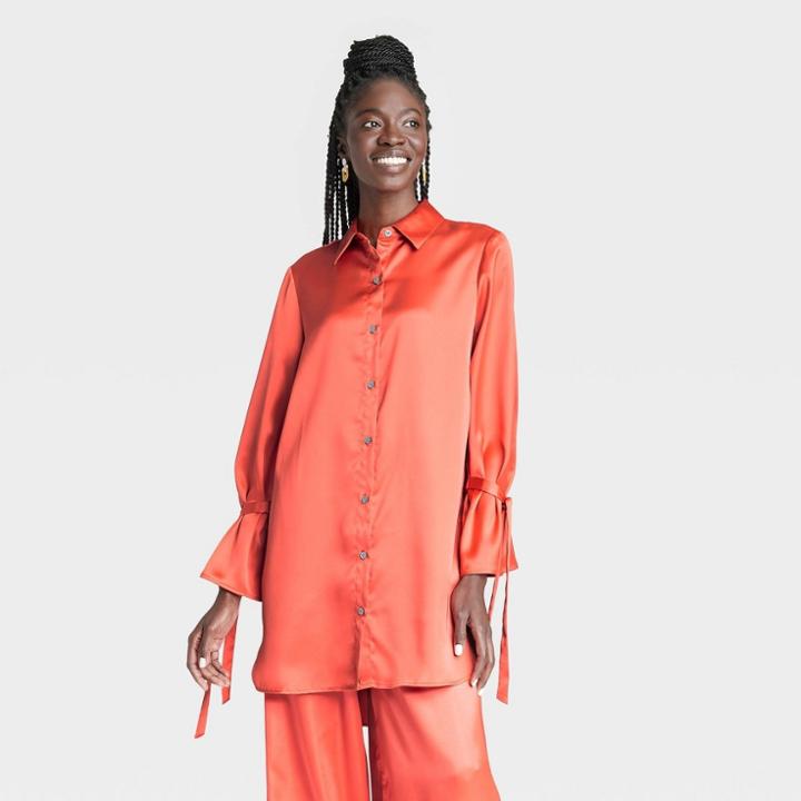 Black History Month Target X Sammy B Women's Long Sleeve Satin Button-down Shirt - Orange
