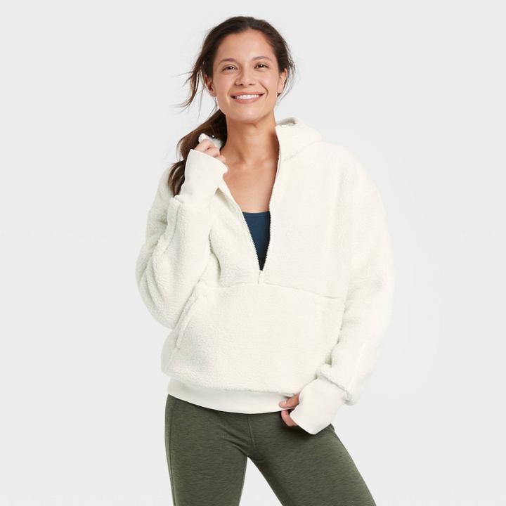 Women's Cozy 1/2 Zip Hooded Pullover Sweatshirt - All In Motion Almond