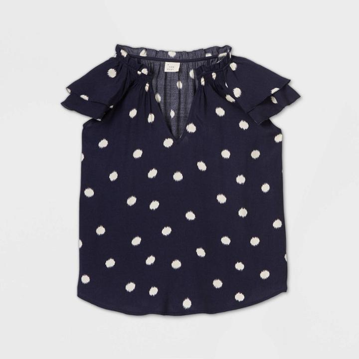 Women's Polka Dot Flutter Sleeveless Blouse - A New Day Navy S, Women's, Size:
